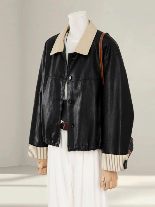 High-grade black contrast lapel leather jacket for women, petite 2025 autumn new street-fashionable PU leather jacket