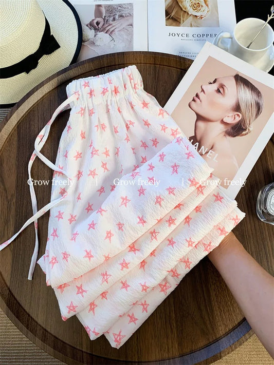 Grow freely hand-painted pink star print drawstring casual pants, new summer style, straight leg, high waist, wide leg pants for women.