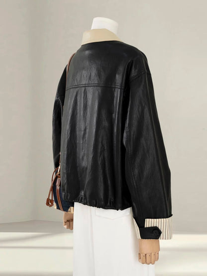 High-grade black contrast lapel leather jacket for women, petite 2025 autumn new street-fashionable PU leather jacket