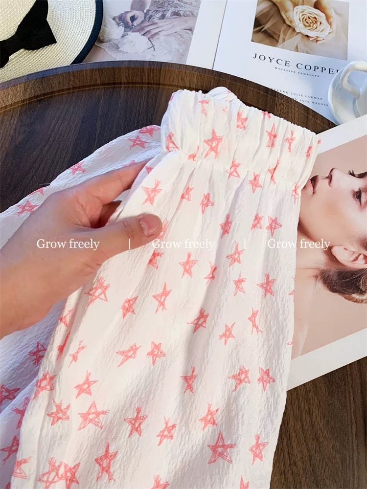 Grow freely hand-painted pink star print drawstring casual pants, new summer style, straight leg, high waist, wide leg pants for women.