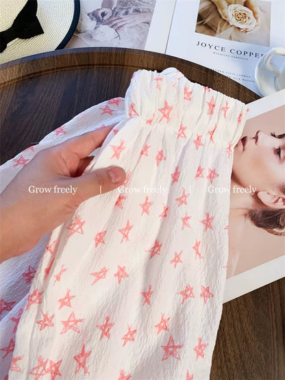 Grow freely hand-painted pink star print drawstring casual pants, new summer style, straight leg, high waist, wide leg pants for women.