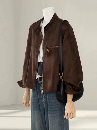 Maillard suede jacket for women, petite, 2025 spring and autumn new Korean style, super good-looking stand-up collar short jacket trend