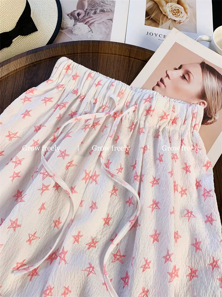 Grow freely hand-painted pink star print drawstring casual pants, new summer style, straight leg, high waist, wide leg pants for women.