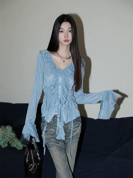 French bell-sleeved high-end tops, luxury big-name, unique and chic shirts, women's V-neck slimming waist shirts