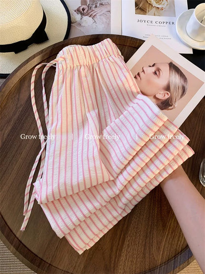 Grow freely Pink Striped Elastic Waist Wide-Leg Pants Women's Summer New Style Relaxed Loose and Lazy Style Pants