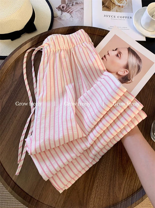 Grow freely Pink Striped Elastic Waist Wide-Leg Pants Women's Summer New Style Relaxed Loose and Lazy Style Pants