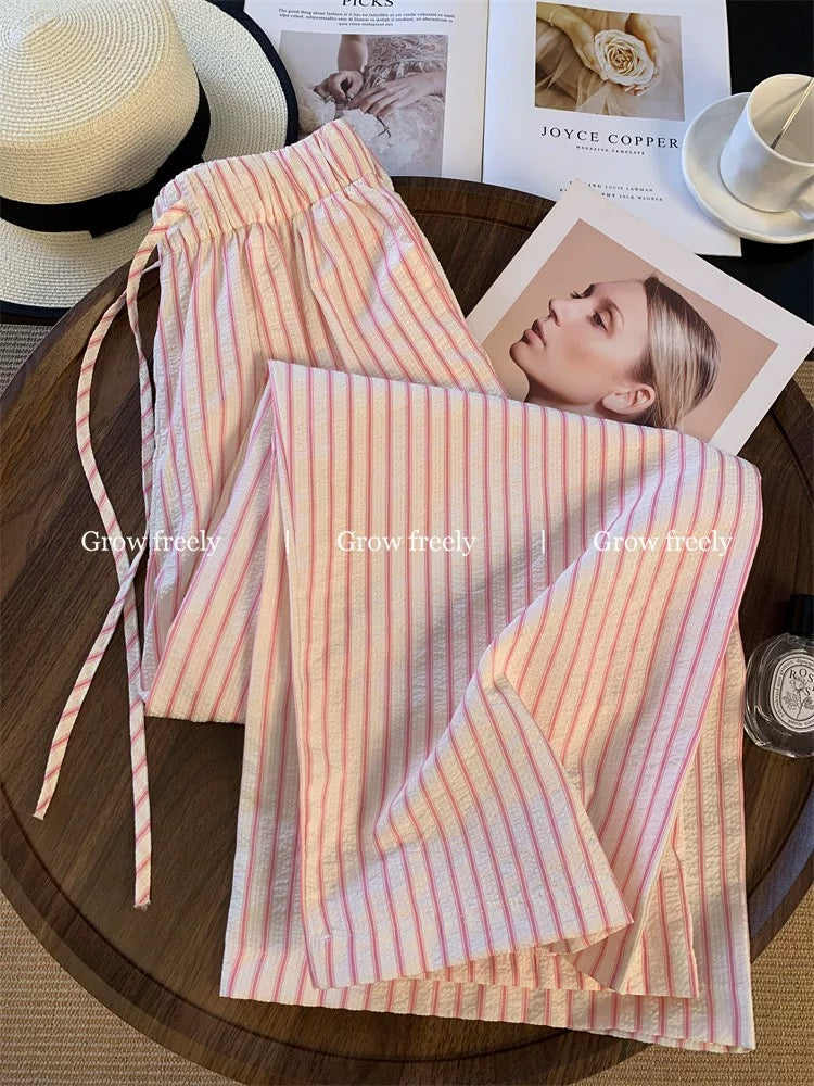 Grow freely Pink Striped Elastic Waist Wide-Leg Pants Women's Summer New Style Relaxed Loose and Lazy Style Pants