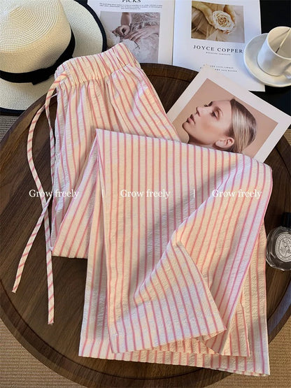 Grow freely Pink Striped Elastic Waist Wide-Leg Pants Women's Summer New Style Relaxed Loose and Lazy Style Pants