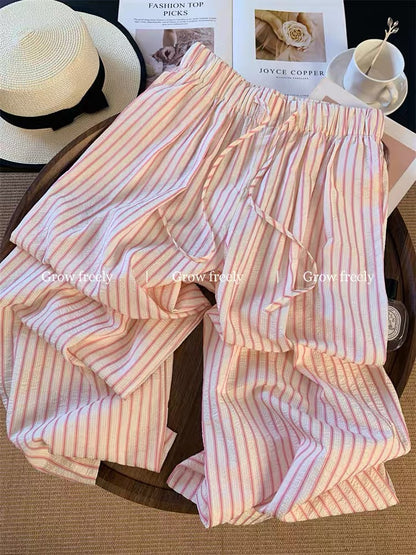 Grow freely Pink Striped Elastic Waist Wide-Leg Pants Women's Summer New Style Relaxed Loose and Lazy Style Pants
