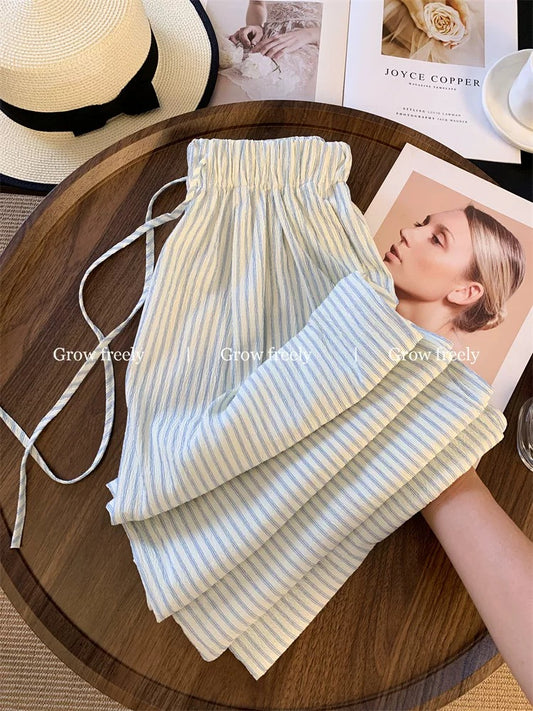 Grow freely Blue striped drawstring casual pants for women, summer design, high-waisted, slimming, straight-leg wide-leg pants