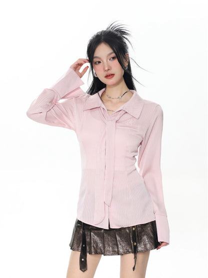 SHIYIYUE pink striped shirt women's spring waist design niche pure desire hottie French tie top