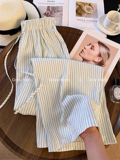Grow freely Blue striped drawstring casual pants for women, summer design, high-waisted, slimming, straight-leg wide-leg pants
