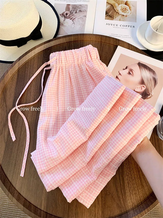 Grow freely pink plaid polka dot drawstring casual pants, summer relaxed style, straight leg, high waist, long pants for women.