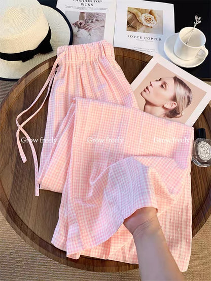 Grow freely pink plaid polka dot drawstring casual pants, summer relaxed style, straight leg, high waist, long pants for women.