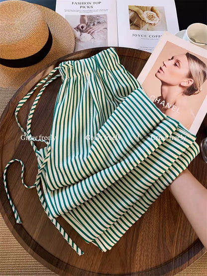 Grow freely Green Striped Drawstring Casual Pants Women's Summer Thin High-Waisted Slimming Loose Wide-Leg Pants