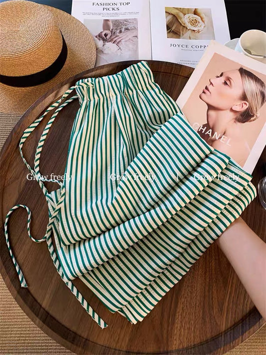 Grow freely Green Striped Drawstring Casual Pants Women's Summer Thin High-Waisted Slimming Loose Wide-Leg Pants