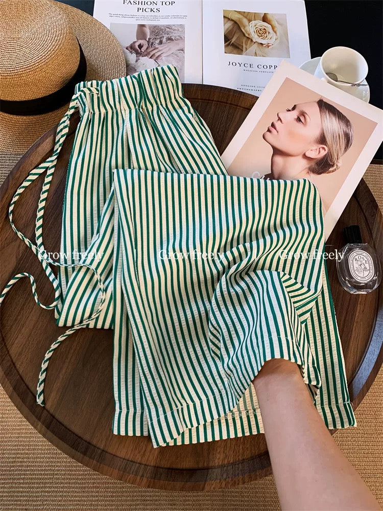 Grow freely Green Striped Drawstring Casual Pants Women's Summer Thin High-Waisted Slimming Loose Wide-Leg Pants