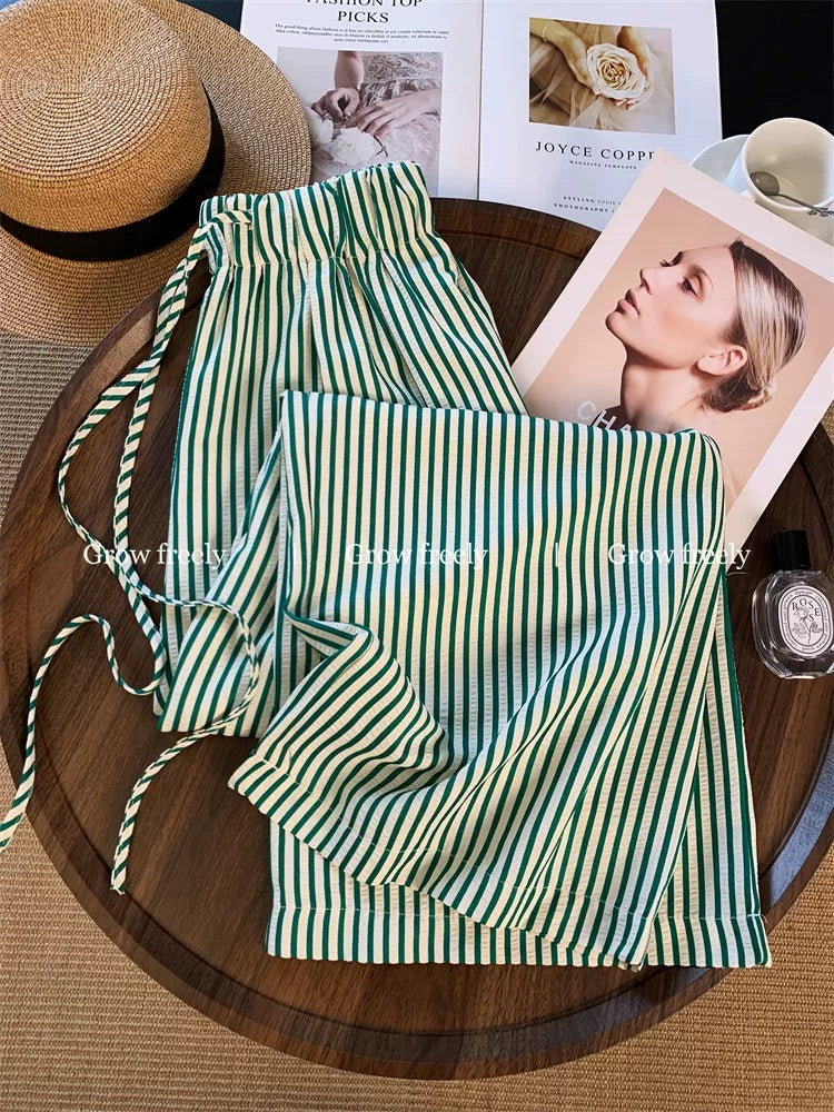 Grow freely Green Striped Drawstring Casual Pants Women's Summer Thin High-Waisted Slimming Loose Wide-Leg Pants