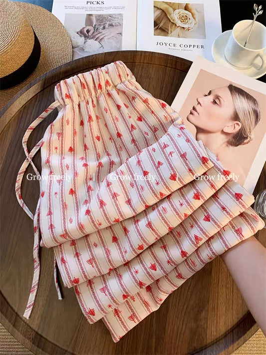 Grow freely! Red vertical striped wide-leg pants for women, perfect for summer. Relaxed fit, slimming straight leg.