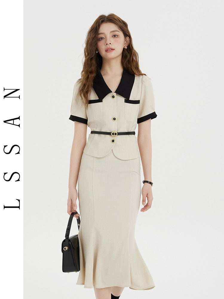 Li Shisan graduate student interview outfit, small fragrant top, elegant fishtail skirt suit, high-end two-piece set