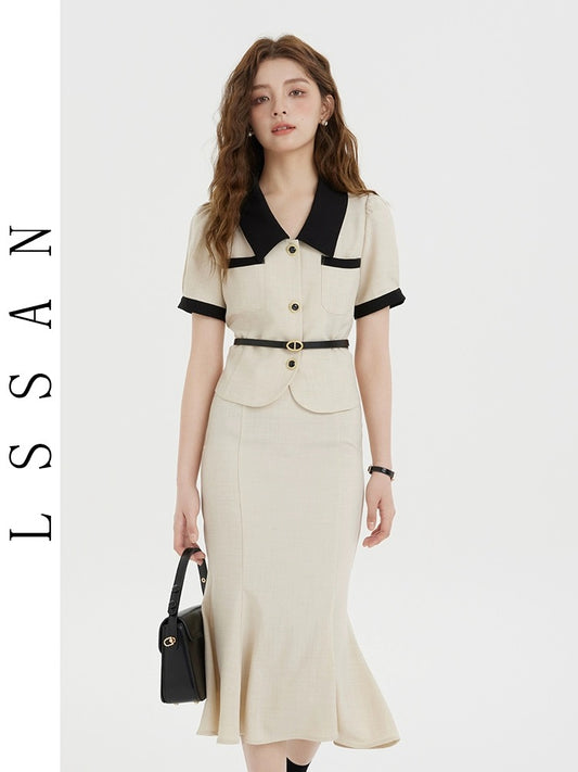 Li Shisan graduate student interview outfit, small fragrant top, elegant fishtail skirt suit, high-end two-piece set
