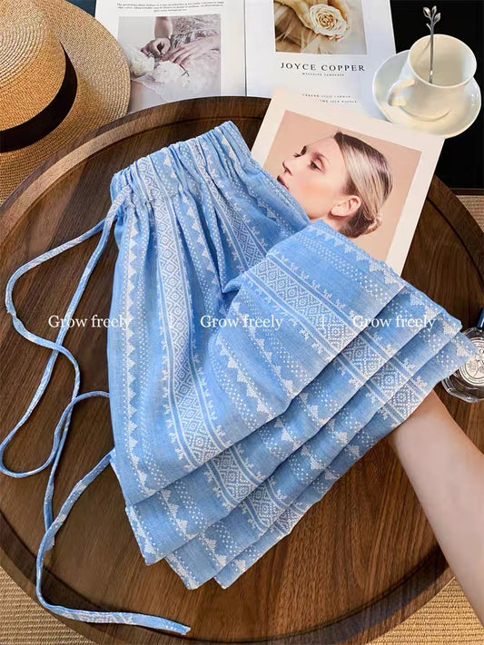 Grow freely - Ethnic print wide-leg pants for women, summer style, thin, high-waisted, loose, straight-leg casual pants
