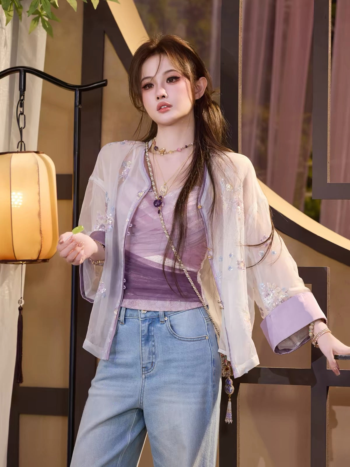 TUNTUN Spring/Summer "Twin Butterflies" Collection: Ethereal, fairy-style camisole featuring a purple-mist gradient, sweetheart neckline, and layered mesh—designed to be worn as an outer layer.