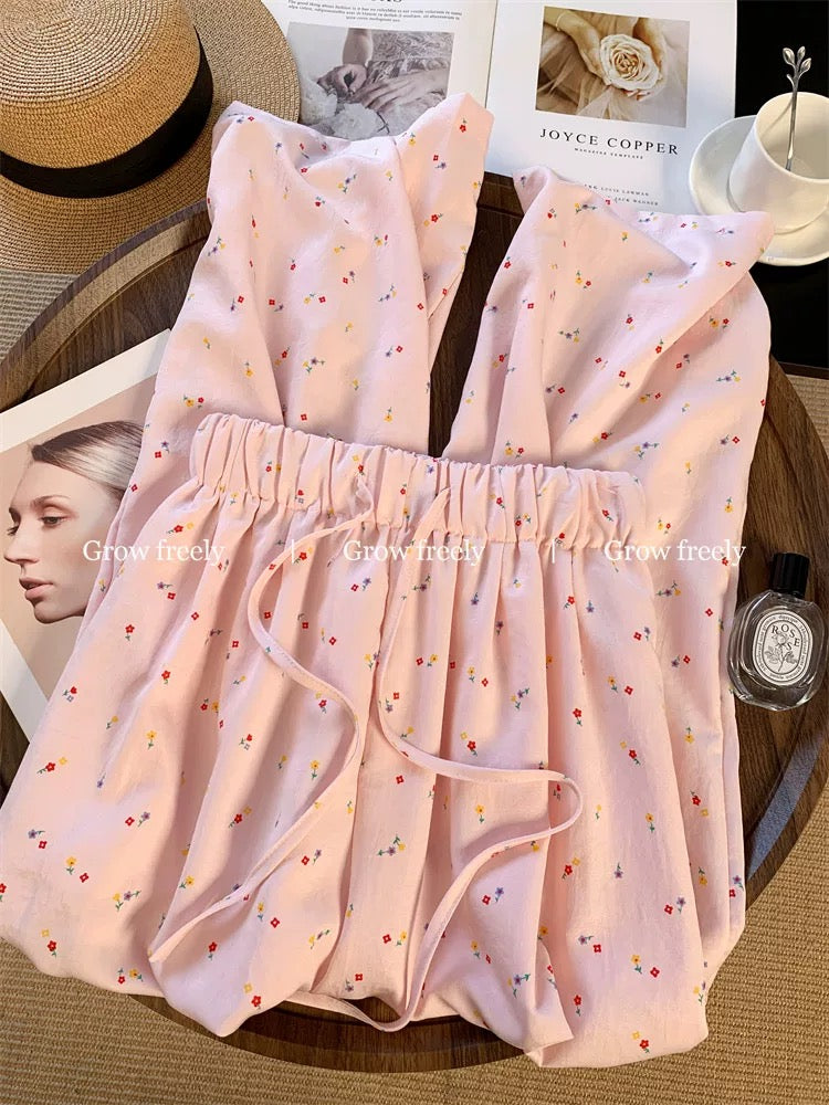 Grow freely Korean style pink floral print wide-leg pants, summer thin style, versatile, loose fit, slimming, casual pants for women.