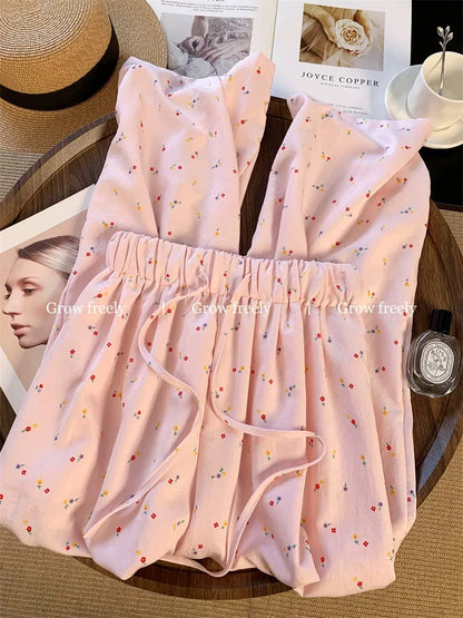 Grow freely Korean style pink floral print wide-leg pants, summer thin style, versatile, loose fit, slimming, casual pants for women.