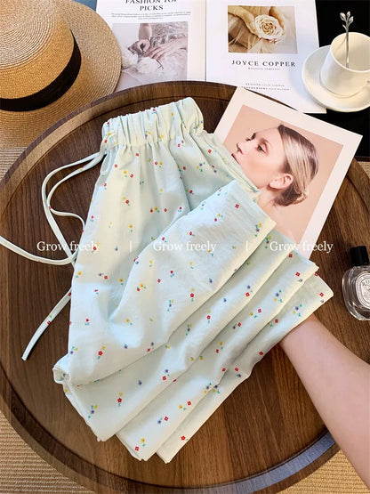 Grow freely Korean style pink floral print wide-leg pants, summer thin style, versatile, loose fit, slimming, casual pants for women.