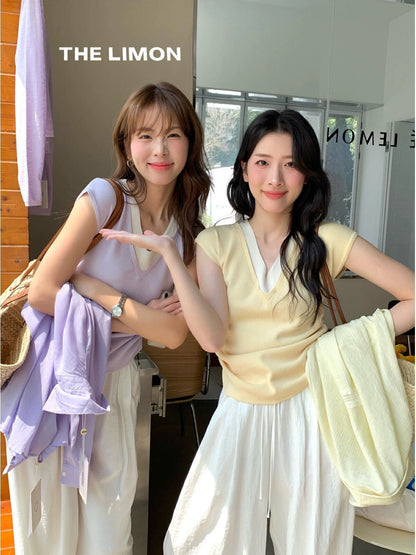 The limon small flying sleeve design contrast color splicing V-neck waist pleated sweater summer slim tops for women