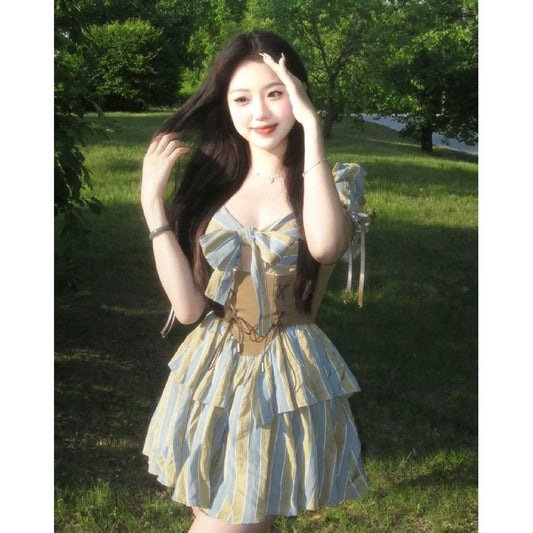 French design niche waist dress for women 2023 summer new style sweet heavy industry pure fluffy skirt trendy