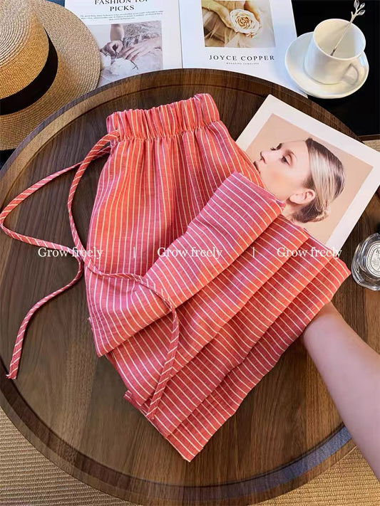 Grow freely Korean style relaxed red striped wide-leg pants, 2025 summer new style, loose and slimming.