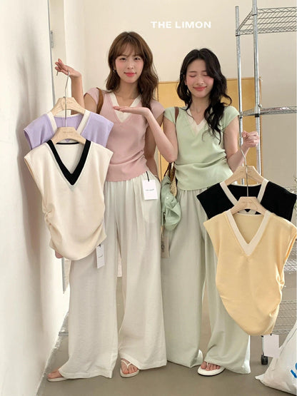 The limon small flying sleeve design contrast color splicing V-neck waist pleated sweater summer slim tops for women