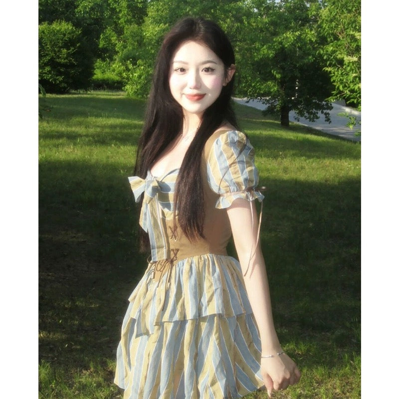 French design niche waist dress for women 2023 summer new style sweet heavy industry pure fluffy skirt trendy
