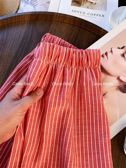 Grow freely Korean style relaxed red striped wide-leg pants, 2025 summer new style, loose and slimming.
