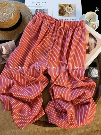 Grow freely Korean style relaxed red striped wide-leg pants, 2025 summer new style, loose and slimming.