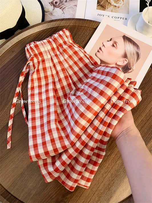 Grow freely Red plaid relaxed casual pants for women, high-waisted, straight-leg, loose-fitting wide-leg trousers for summer.
