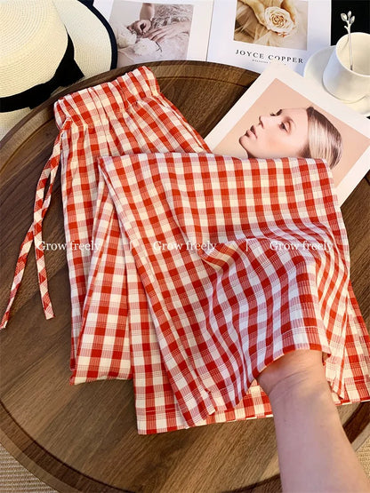 Grow freely Red plaid relaxed casual pants for women, high-waisted, straight-leg, loose-fitting wide-leg trousers for summer.