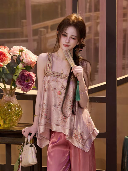 TUNTUN Spring/Summer "Blazing Trees & Flowing Light" Collection: Neo-Chinese Fantasy-Style Camisole Featuring Fireworks-Inspired Bead and Floral Embroidery (Designed for Outerwear)