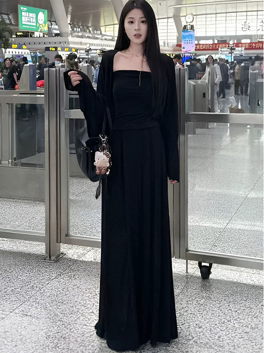 Lazy style fashion casual suit for women, loose and slim cardigan, camisole vest, high waist skirt, temperament three-piece suit