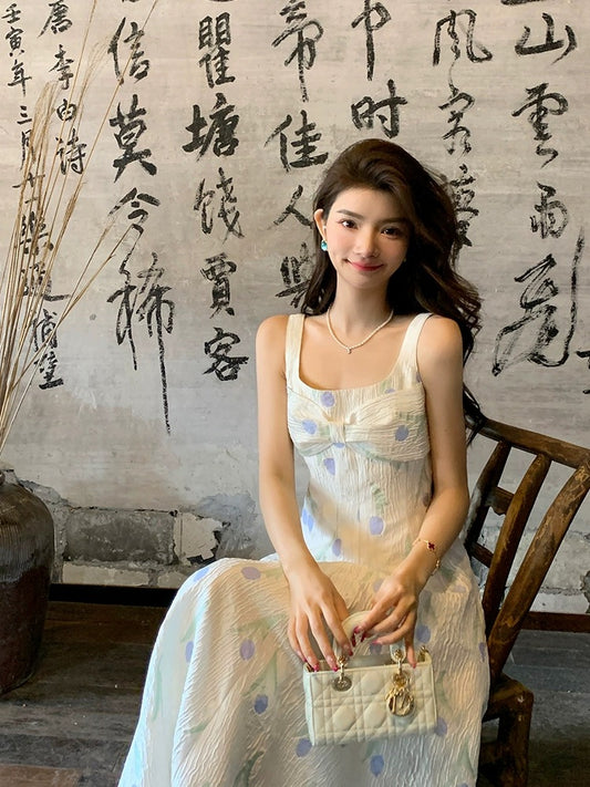Deng Liuliu Square Collar Suspender Dress Women's Summer New French Style Long Designer Floral Suspender Dress