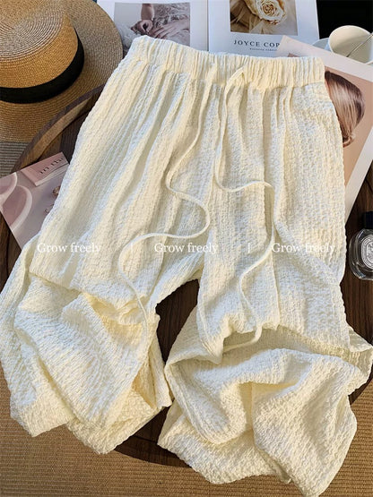 Grow freely Apricot elastic high-waisted wide-leg pants for women, summer thin, breathable, loose casual style.