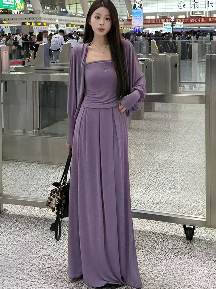 Lazy style fashion casual suit for women, loose and slim cardigan, camisole vest, high waist skirt, temperament three-piece suit