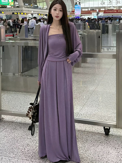 Lazy style fashion casual suit for women, loose and slim cardigan, camisole vest, high waist skirt, temperament three-piece suit