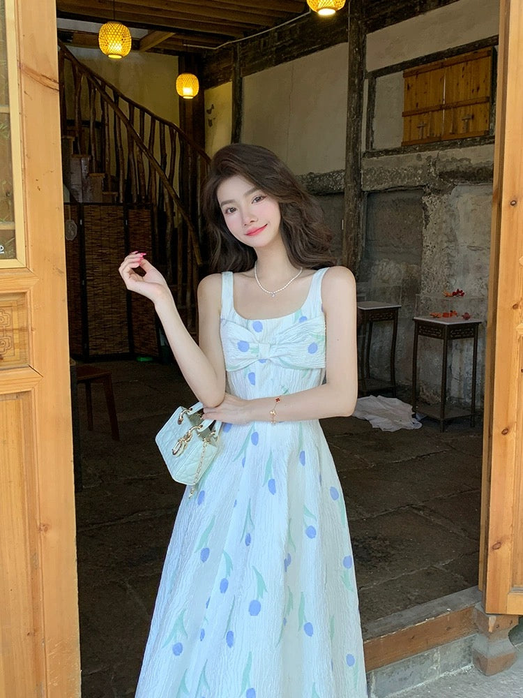 Deng Liuliu Square Collar Suspender Dress Women's Summer New French Style Long Designer Floral Suspender Dress