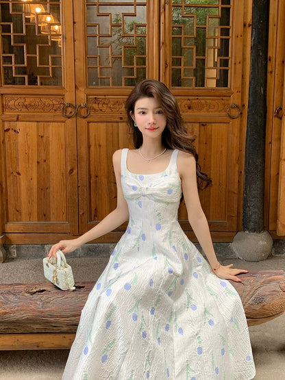 Deng Liuliu Square Collar Suspender Dress Women's Summer New French Style Long Designer Floral Suspender Dress