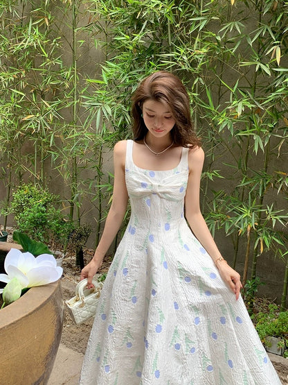 Deng Liuliu Square Collar Suspender Dress Women's Summer New French Style Long Designer Floral Suspender Dress