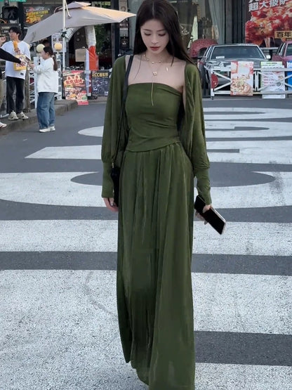 Lazy style fashion casual suit for women, loose and slim cardigan, camisole vest, high waist skirt, temperament three-piece suit