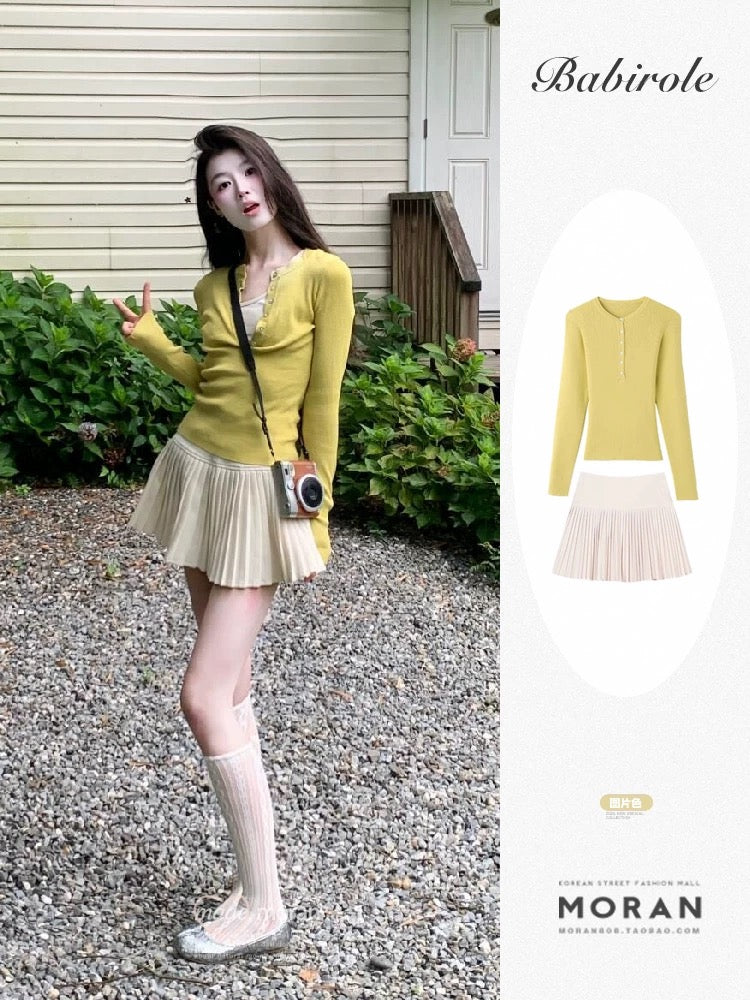 Early spring outfit: dopamine yellow fake two-piece slim long-sleeved sweater top and skirt two-piece suit